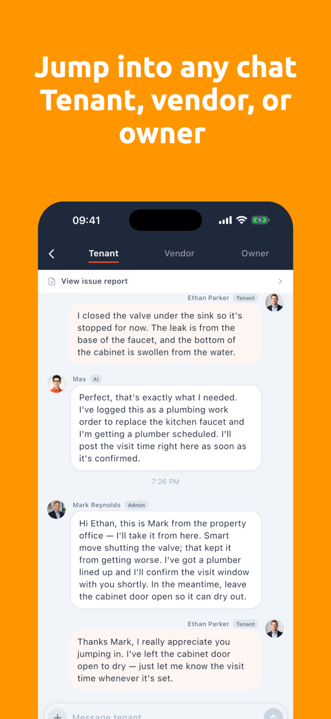 Jump into any chat — tenant, vendor, or owner