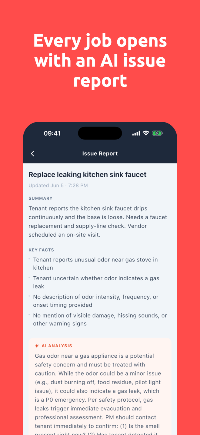 Every job opens with an AI issue report